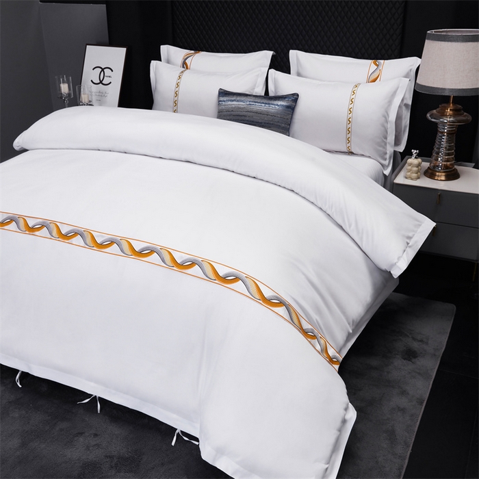91家纺网 家纺一手货源 找家纺 罗菲尼酒店用品 2025新款高仿棉镶线宾馆酒店四件套 神彩-橘