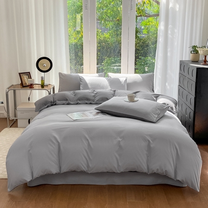 91家纺网 家纺一手货源 找家纺 芷凡家纺 2024新款水洗磨毛双拼四件套 银灰+中灰