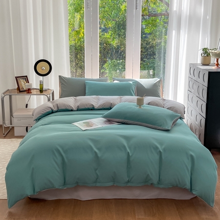 91家纺网 家纺一手货源 找家纺 芷凡家纺 2024新款水洗磨毛双拼四件套 橄榄绿+卡其