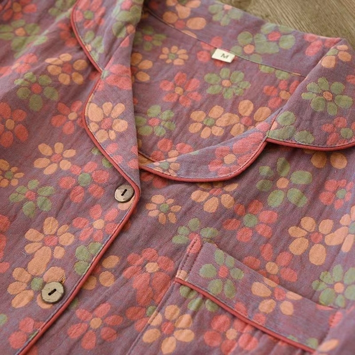 91家纺网 家纺一手货源 找家纺 （总）洛兰沙家居馆【只代发】【只代发】 2024新款民族风碎花春秋季女士睡衣长袖纯棉双层纱布妈妈中老年家居服套装