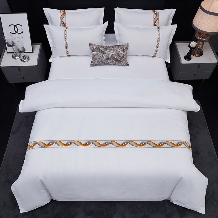 91家纺网 家纺一手货源 找家纺 罗菲尼酒店用品 2025新款高仿棉镶线宾馆酒店四件套 神彩-橘