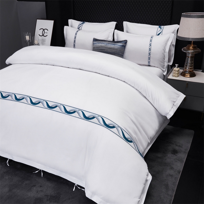 91家纺网 家纺一手货源 找家纺 罗菲尼酒店用品 2025新款高仿棉镶线宾馆酒店四件套 神彩-蓝
