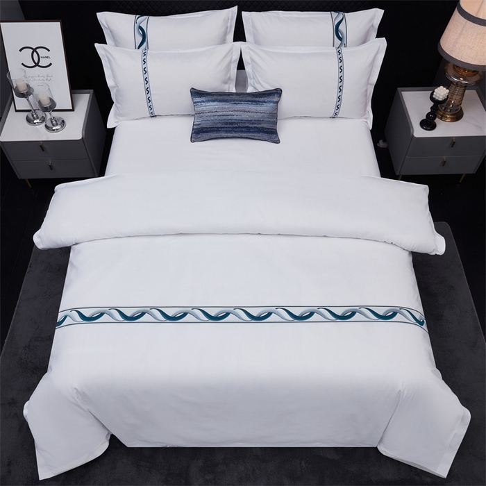 91家纺网 家纺一手货源 找家纺 罗菲尼酒店用品 2025新款高仿棉镶线宾馆酒店四件套 神彩-蓝