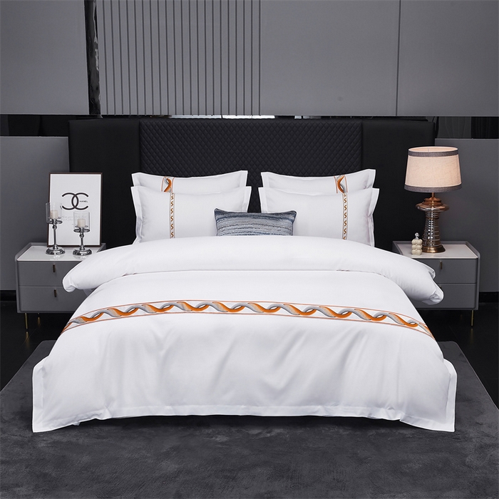 91家纺网 家纺一手货源 找家纺 罗菲尼酒店用品 2025新款高仿棉镶线宾馆酒店四件套 神彩-橘