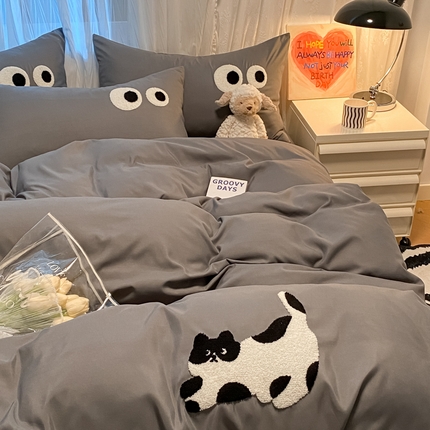 N先生 2024新款美拉德多巴胺毛巾绣四件套-猫咪系列 猫咪-高级灰