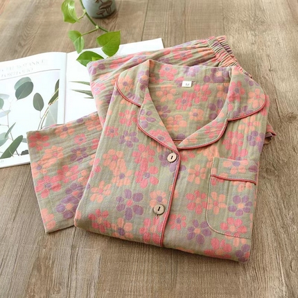 91家纺网 家纺一手货源 找家纺 洛兰沙家居馆【只代发】【只代发】 2024新款民族风碎花春秋季女士睡衣长袖纯棉双层纱布妈妈中老年家居服套装 ls102