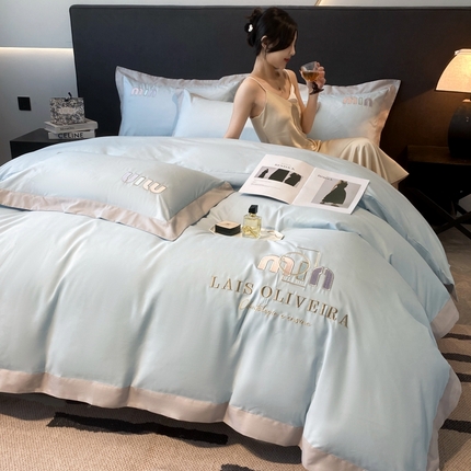 遇见家居生活馆 2024新款亲肤磨毛刺绣四件套-克洛伊 克洛伊-飘蓝