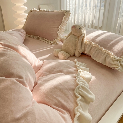 小主驾到 2024新款马卡龙系列牛奶绒法式花边款四件套 伏见桃山