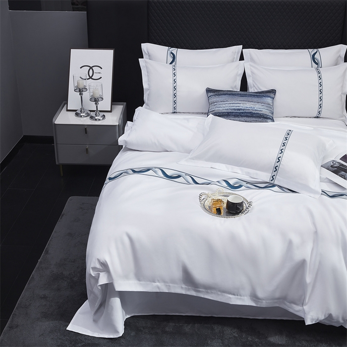 91家纺网 家纺一手货源 找家纺 罗菲尼酒店用品 2025新款高仿棉镶线宾馆酒店四件套 神彩-蓝