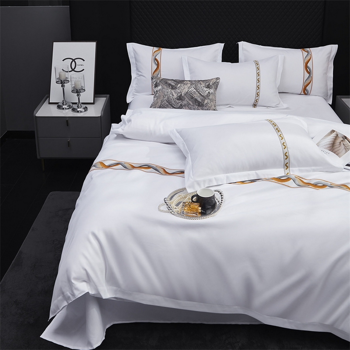 91家纺网 家纺一手货源 找家纺 罗菲尼酒店用品 2025新款高仿棉镶线宾馆酒店四件套 神彩-橘