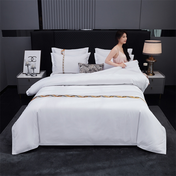 91家纺网 家纺一手货源 找家纺 罗菲尼酒店用品 2025新款高仿棉镶线宾馆酒店四件套 神彩-橘