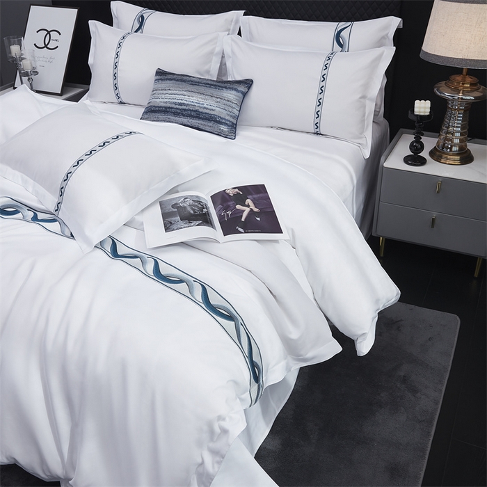 91家纺网 家纺一手货源 找家纺 罗菲尼酒店用品 2025新款高仿棉镶线宾馆酒店四件套 神彩-蓝