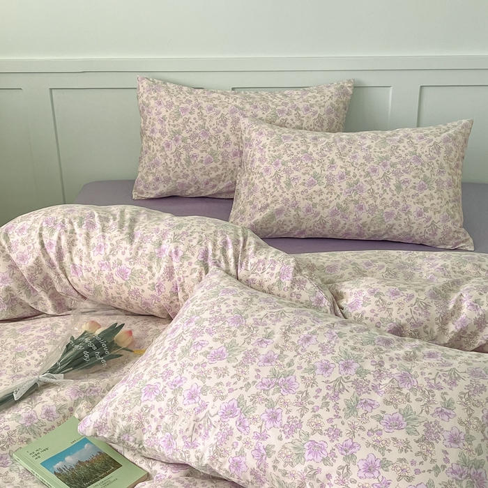 91家纺网 家纺一手货源 找家纺 呗旺鹿 2024新款田园小碎花ins风小红书全棉印花小清新四件套 紫园