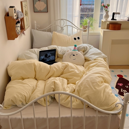 桃子 2024新款ins色织水洗棉大眼毛巾绣奶油格子少女撞色纯棉系列四件套 水洗棉-奶油黄绿紫