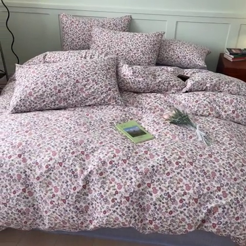 91家纺网 家纺一手货源 找家纺 呗旺鹿 2024新款田园小碎花ins风小红书全棉印花小清新四件套 仙草