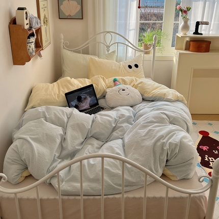 桃子 2024新款ins色织水洗棉大眼毛巾绣奶油格子少女撞色纯棉系列四件套 水洗棉-奶油蓝黄紫