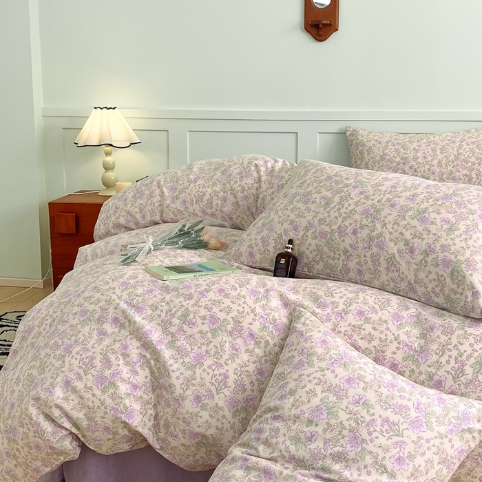 91家纺网 家纺一手货源 找家纺 呗旺鹿 2024新款田园小碎花ins风小红书全棉印花小清新四件套 紫园