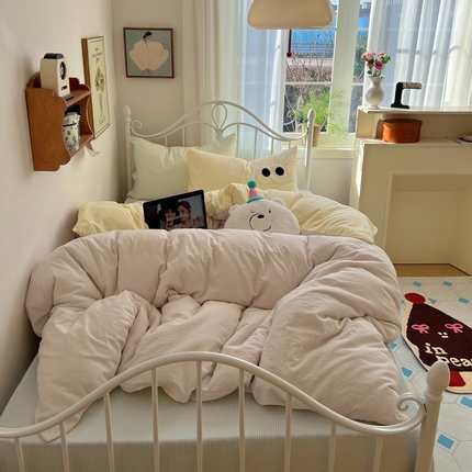 桃子 2024新款ins色织水洗棉大眼毛巾绣奶油格子少女撞色纯棉系列四件套 水洗棉-奶油紫黄蓝