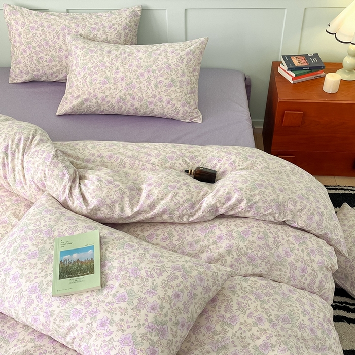 91家纺网 家纺一手货源 找家纺 呗旺鹿 2024新款田园小碎花ins风小红书全棉印花小清新四件套 紫园