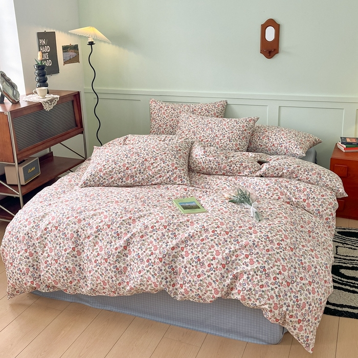 91家纺网 家纺一手货源 找家纺 呗旺鹿 2024新款田园小碎花ins风小红书全棉印花小清新四件套 仙草