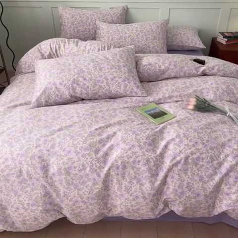 91家纺网 家纺一手货源 找家纺 呗旺鹿 2024新款田园小碎花ins风小红书全棉印花小清新四件套 紫园