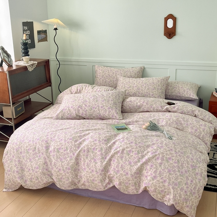 91家纺网 家纺一手货源 找家纺 呗旺鹿 2024新款田园小碎花ins风小红书全棉印花小清新四件套 紫园