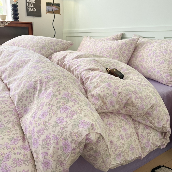 91家纺网 家纺一手货源 找家纺 呗旺鹿 2024新款田园小碎花ins风小红书全棉印花小清新四件套 紫园