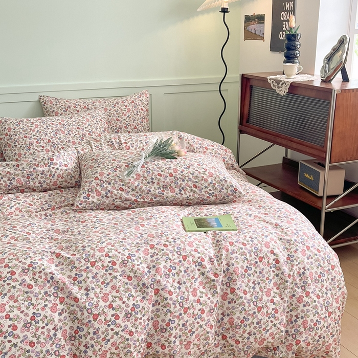 91家纺网 家纺一手货源 找家纺 呗旺鹿 2024新款田园小碎花ins风小红书全棉印花小清新四件套 仙草