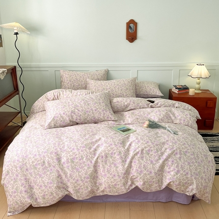 91家纺网 家纺一手货源 找家纺 呗旺鹿 2024新款田园小碎花ins风小红书全棉印花小清新四件套 紫园