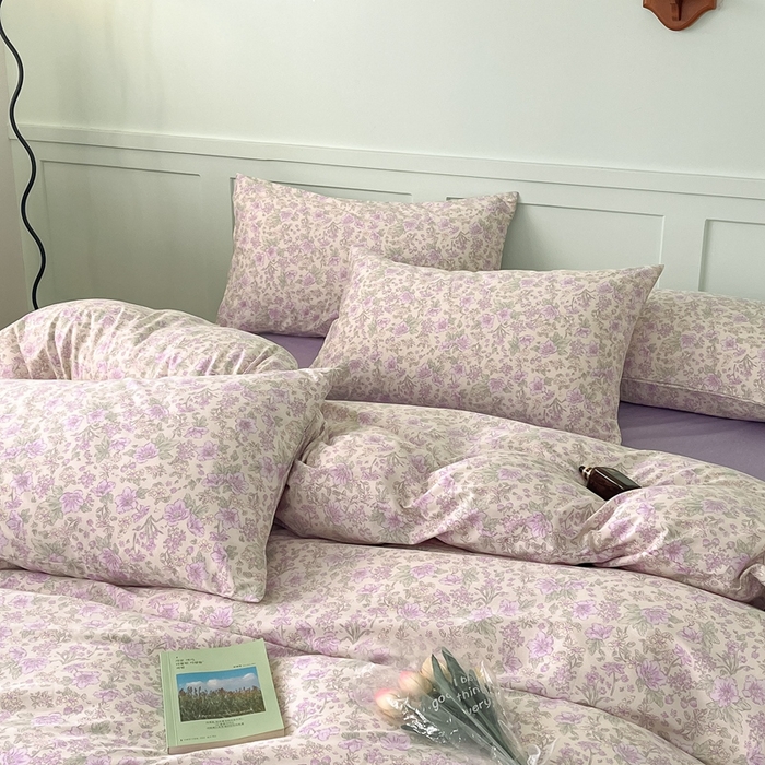 91家纺网 家纺一手货源 找家纺 呗旺鹿 2024新款田园小碎花ins风小红书全棉印花小清新四件套 紫园