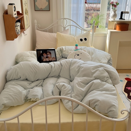 桃子 2024新款ins色织水洗棉大眼毛巾绣奶油格子少女撞色纯棉系列四件套 水洗棉-奶油蓝绿黄