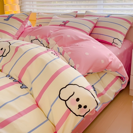 金丝鸟 2024新款全棉四件套可爱卡通系列四件套 条纹小白狗