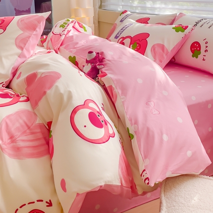金丝鸟 2024新款全棉四件套可爱卡通系列四件套 爱心草莓熊
