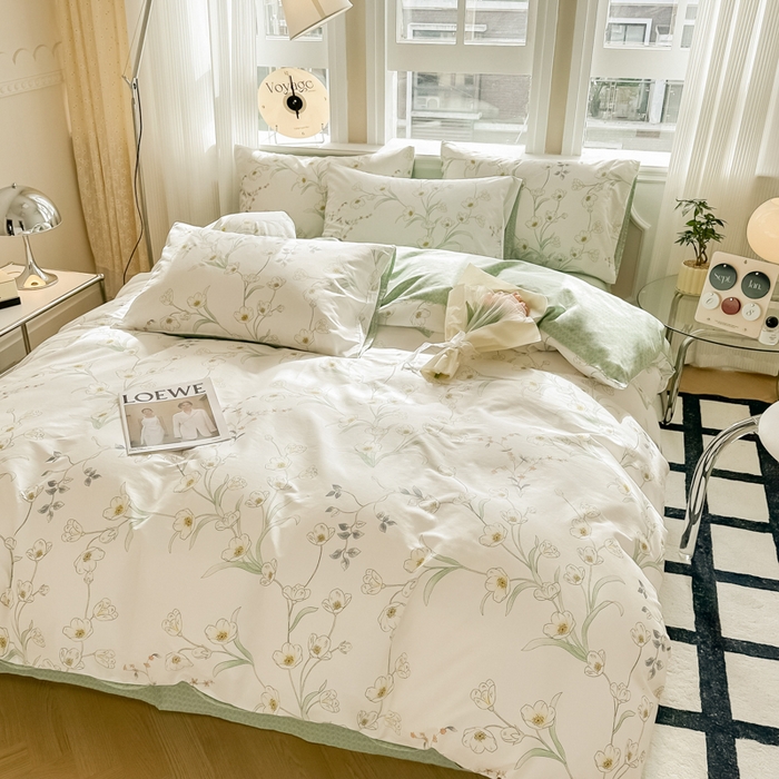 91家纺网 家纺一手货源 找家纺 简宜家居 2025新款40支13070全棉斜纹繁花系列四件套 雪滴花