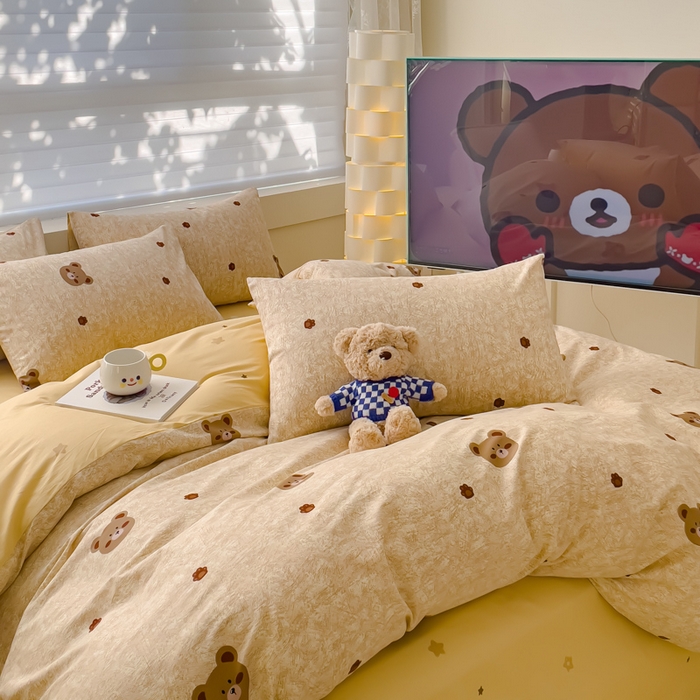 91家纺网 家纺一手货源 找家纺 金丝鸟 2024新款全棉四件套可爱卡通系列四件套 咖色波点小熊