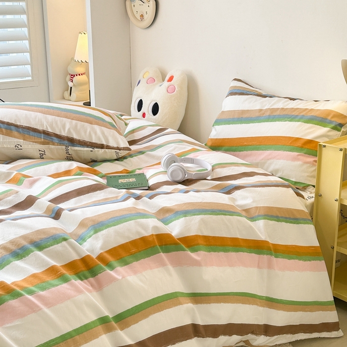 91家纺网 家纺一手货源 找家纺 昔可家纺 2024新款简约风全棉四件套 幸运彩条