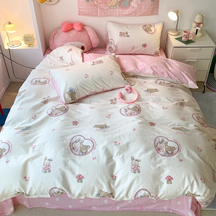 91家纺网 家纺一手货源 找家纺 昔可家纺 2024新款小清新系列全棉四件套 蘑菇小兔熊