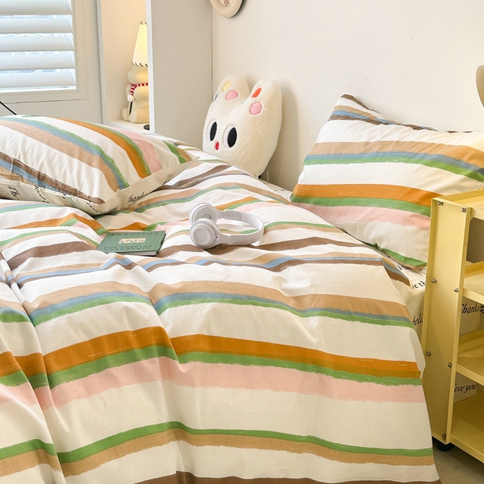 91家纺网 家纺一手货源 找家纺 昔可家纺 2024新款简约风全棉四件套 幸运彩条