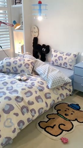 91家纺网 家纺一手货源 找家纺 昔可家纺 2024新款简约风全棉四件套 爱心蓝豹纹