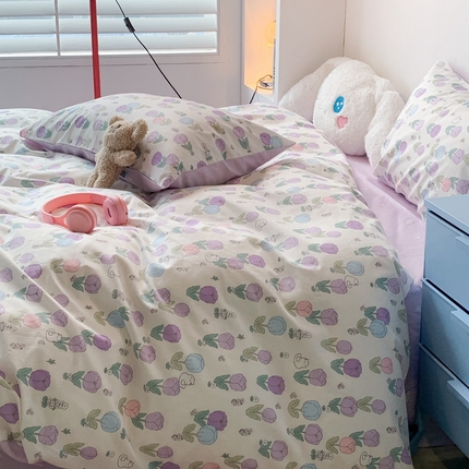 91家纺网 家纺一手货源 找家纺 昔可家纺 2024新款小清新系列全棉四件套 小郁金香猫猫