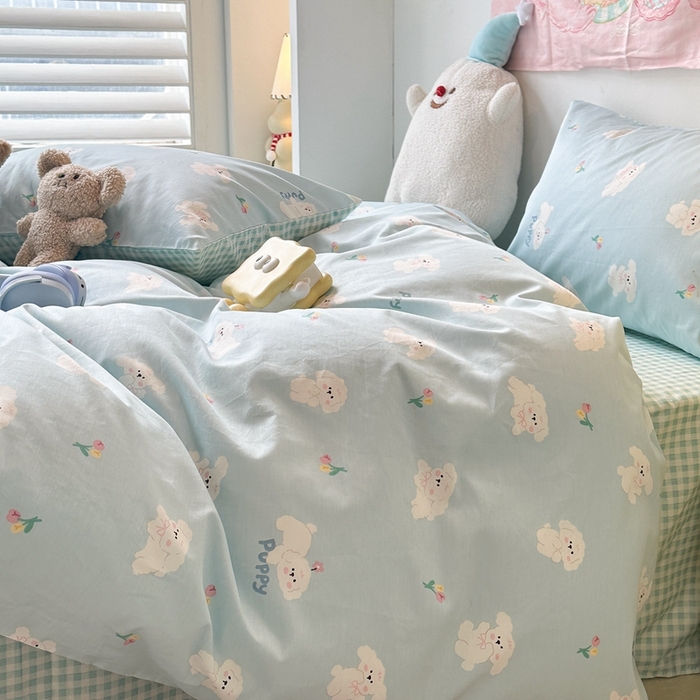 91家纺网 家纺一手货源 找家纺 昔可家纺 2024新款小清新系列全棉四件套 蓝底小奶狗