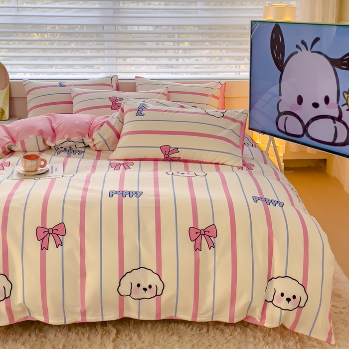 91家纺网 家纺一手货源 找家纺 金丝鸟 2024新款全棉四件套可爱卡通系列四件套 条纹小白狗