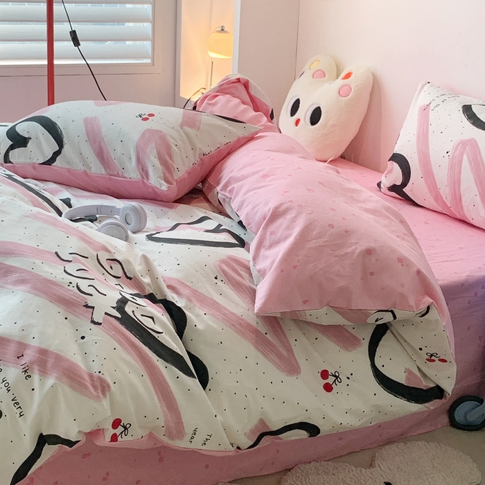 91家纺网 家纺一手货源 找家纺 昔可家纺 2024新款简约风全棉四件套 潮酷黑爱心