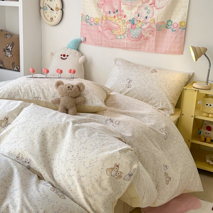 91家纺网 家纺一手货源 找家纺 昔可家纺 2024新款小清新系列全棉四件套 花枝兔