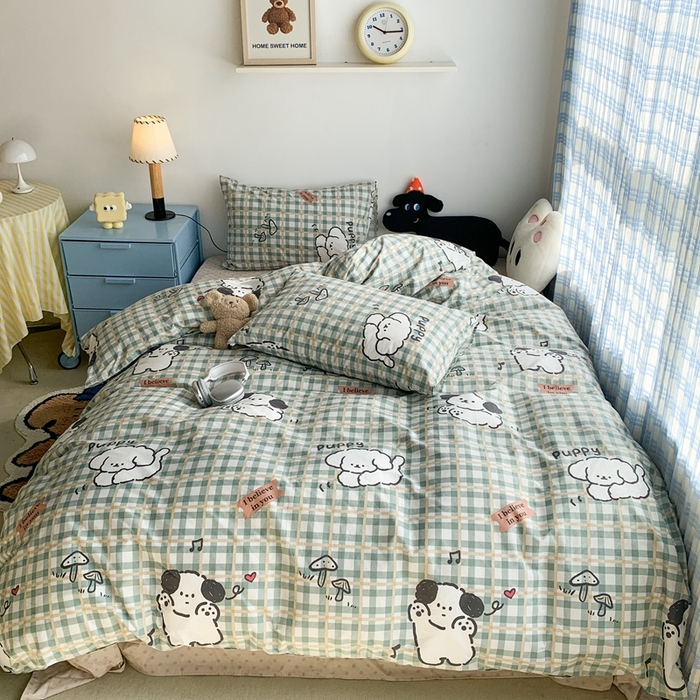 91家纺网 家纺一手货源 找家纺 昔可家纺 2023新款12月卡通全棉四件套 绿格子狗狗