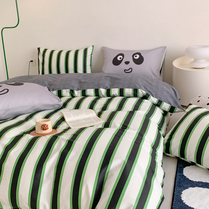 91家纺网 家纺一手货源 找家纺 澳萝拉 2024新款全棉条纹卡通大版四件套 熊猫条纹-绿