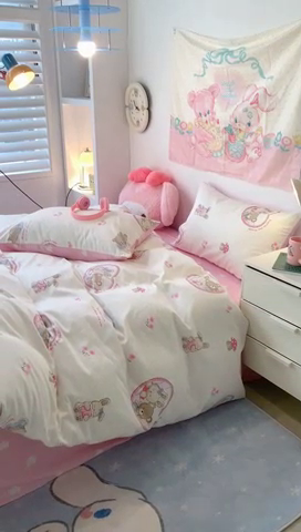 91家纺网 家纺一手货源 找家纺 昔可家纺 2024新款小清新系列全棉四件套 蘑菇小兔熊