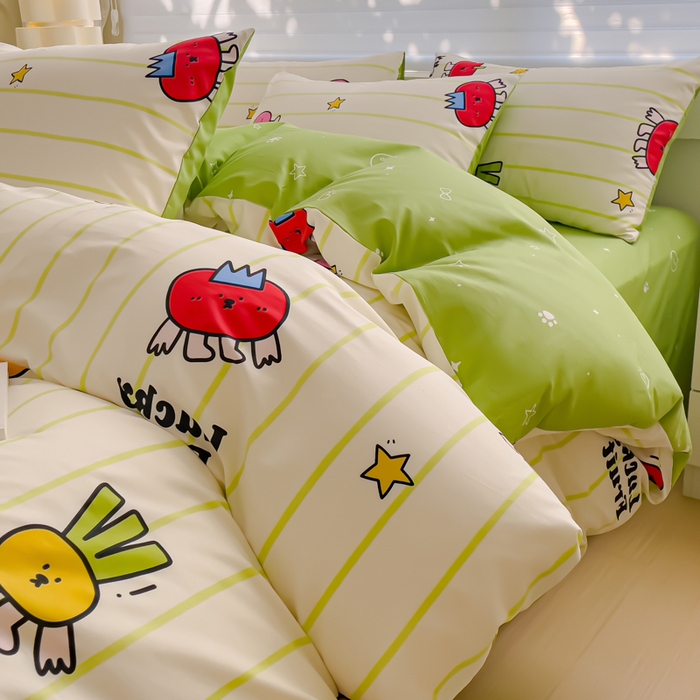 91家纺网 家纺一手货源 找家纺 金丝鸟 2024新款全棉四件套可爱卡通系列四件套 果蔬乐园绿
