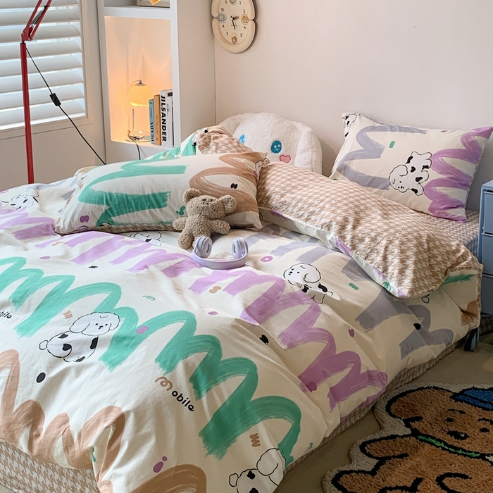 91家纺网 家纺一手货源 找家纺 昔可家纺 2023新款12月卡通全棉四件套 波纹奶狗