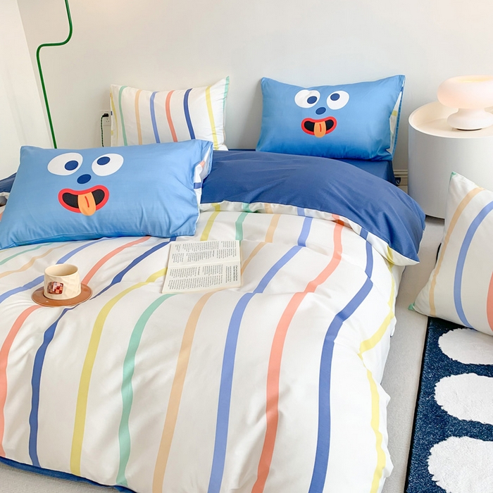 91家纺网 家纺一手货源 找家纺 澳萝拉 2024新款全棉条纹卡通大版四件套 调皮蛋